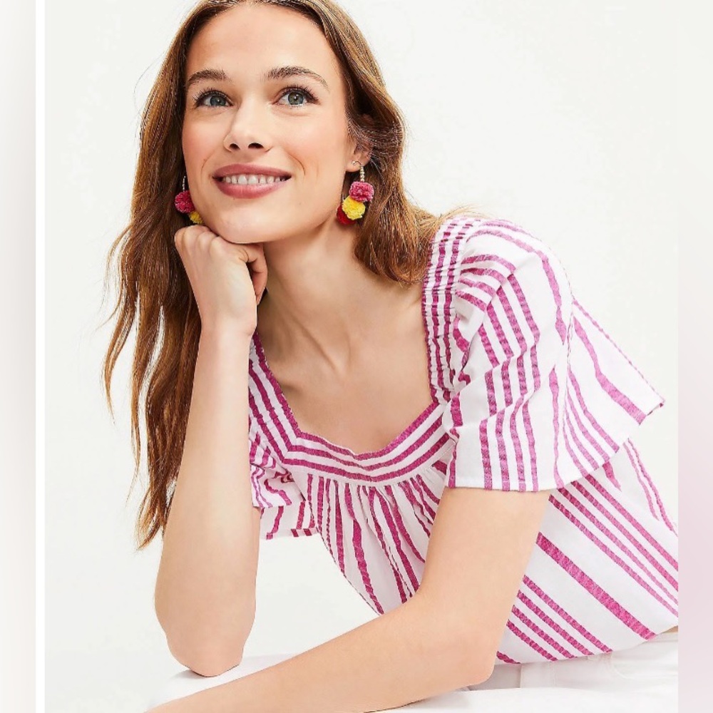 LOFT Square Neck Flutter Sleeve Pink Stripe Top Size M - Picture 2 of 3